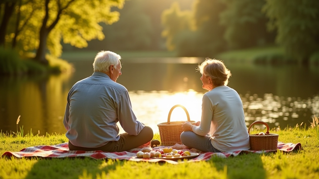 Senior couple enjoying a picnic by the riverbank with fresh food and drinks on a checkered blanket