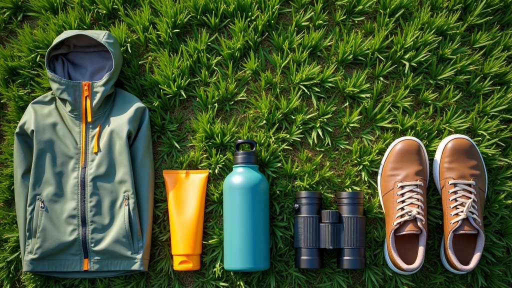 Overhead view of hiking essentials laid out: water bottle, sunscreen, rain jacket, comfortable walking shoes, binoculars, on natural background