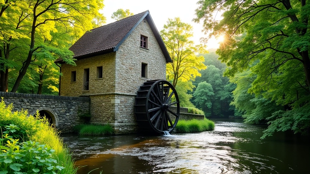 Historic watermill nestled among trees with flowing water in foreground