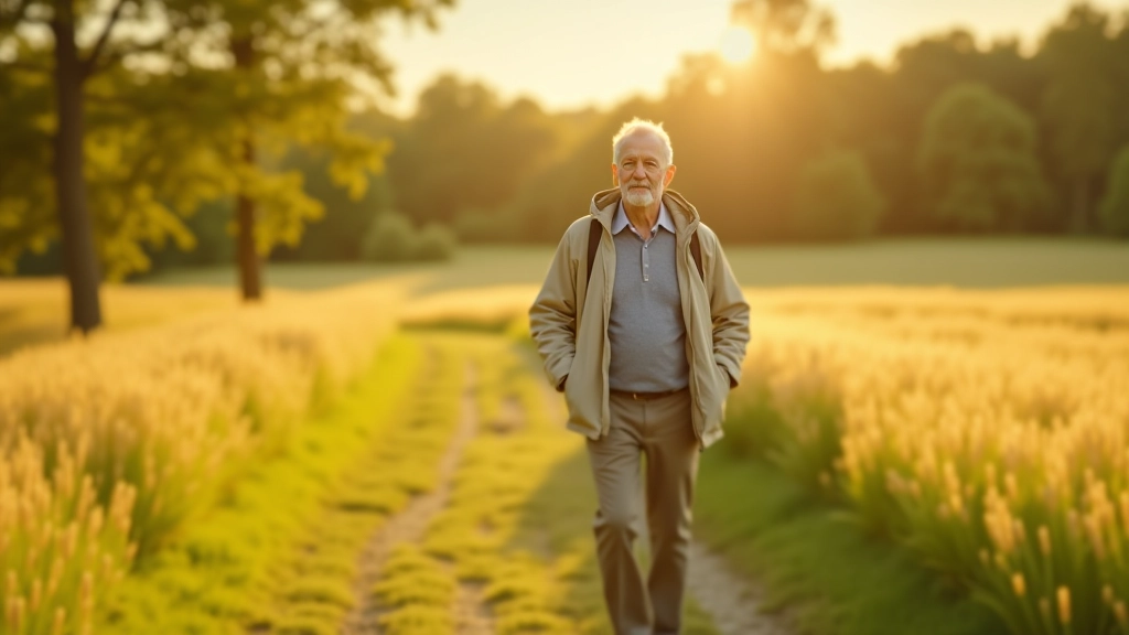 Person walking alone on wide meadow path, wearing comfortable walking clothes, enjoying peaceful natural surroundings, soft natural lighting