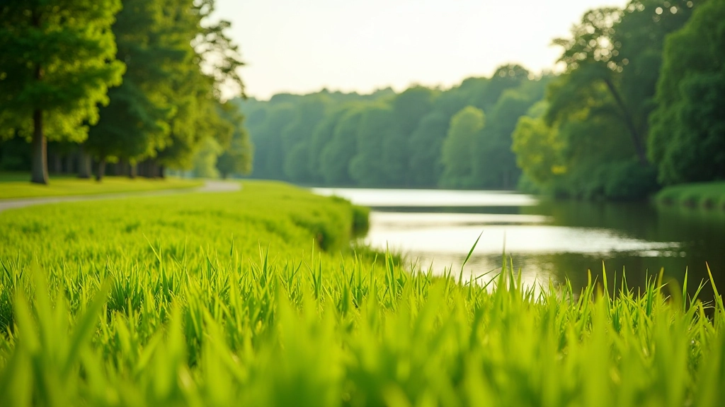 Scenic riverside meadow with gentle sloping grass, trees in background, and calm water visible in distance