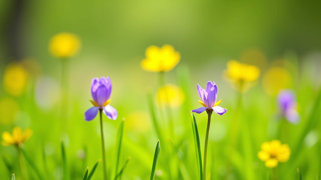 Close-up of meadow wildflowers in bloom, purple and yellow flowers among green grass, soft natural lighting, shallow depth of field