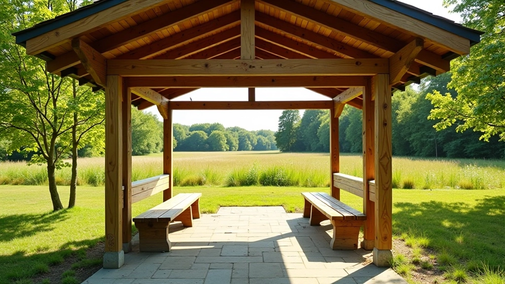 Open wooden pavilion with benches and roof structure overlooking meadow landscape